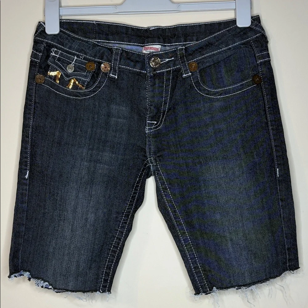 True Religion Joey Cut Off Blue Denim Shorts with Gold Accents Size 30